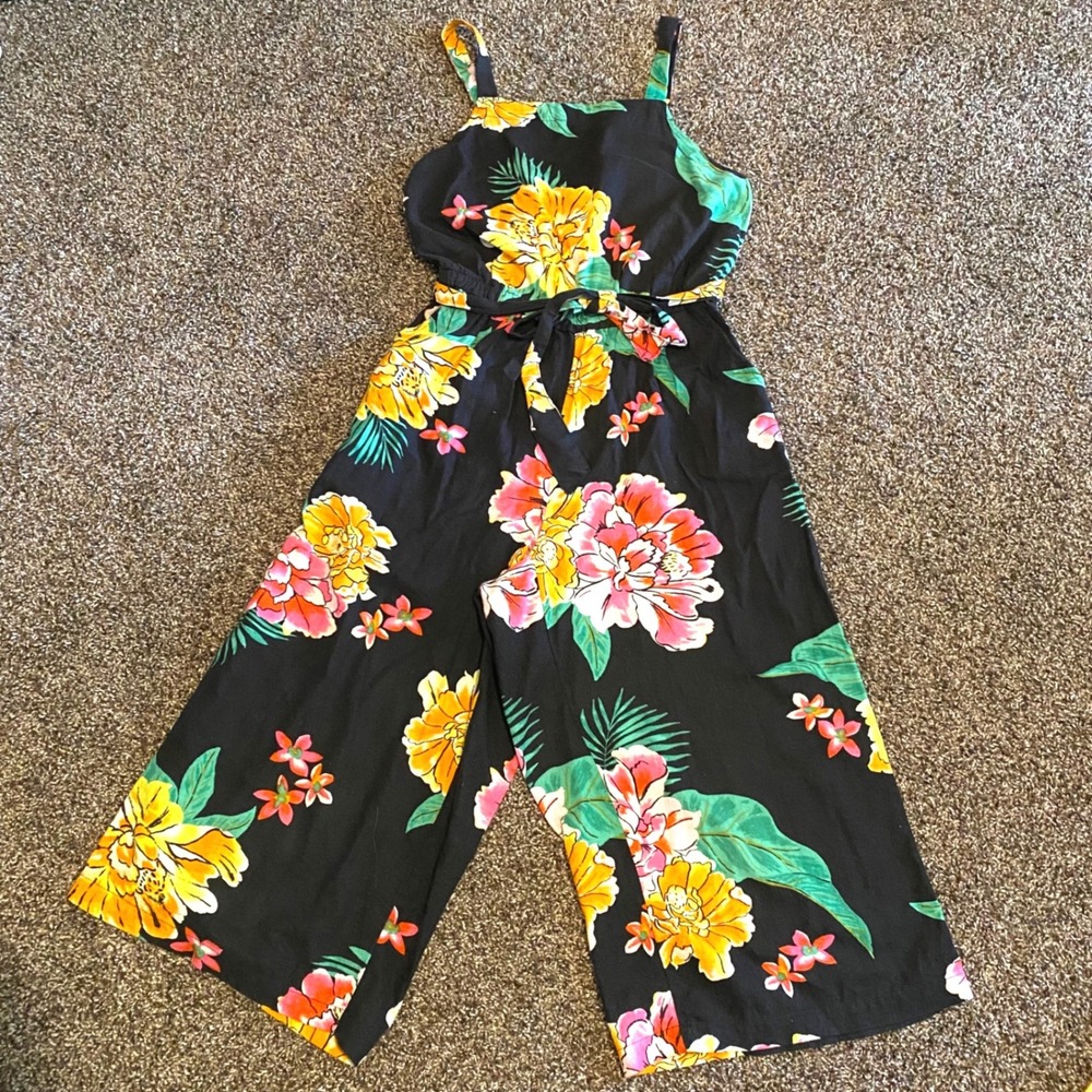 Old Navy Jumpsuit Tropical Floral Boho Summer Women Small Black Linen Blend